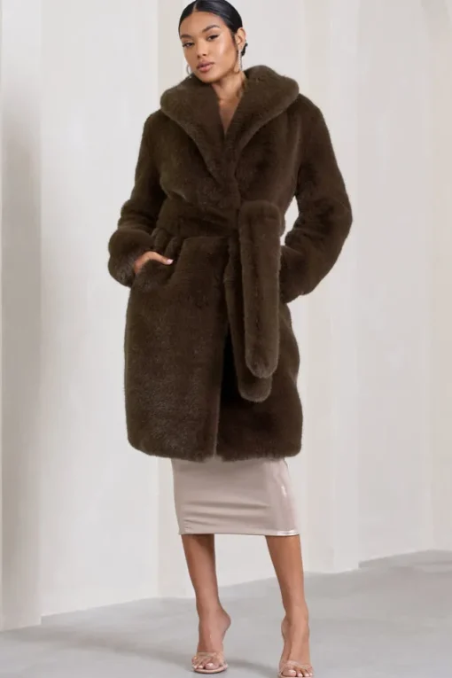 Slopeside | Brown Long Belted Faux Fur Coat