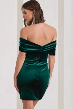 Snowdrop | Bottle Green Velvet Bardot Wrap Mini Dress