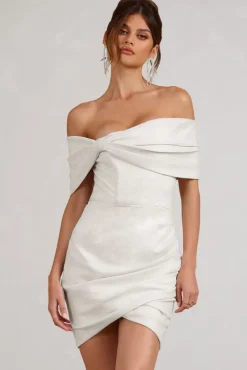 Snowdrop | White Glitter Bardot Wrap Mini Dress