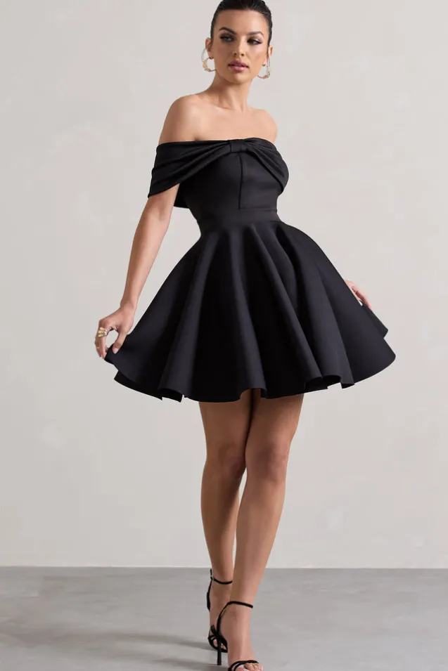 Snowfall | Black Bardot Bow Skater Mini Dress