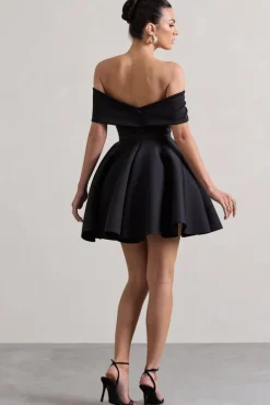 Snowfall | Black Bardot Bow Skater Mini Dress