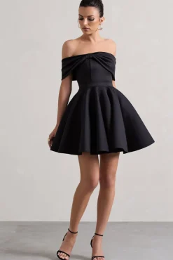 Snowfall | Black Bardot Bow Skater Mini Dress