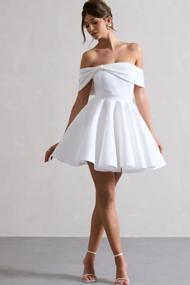 Snowfall | White Bardot Bow Skater Mini Dress