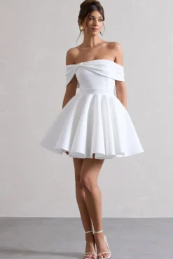 Snowfall | White Bardot Bow Skater Mini Dress