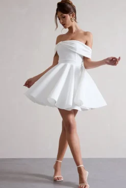 Snowfall | White Bardot Bow Skater Mini Dress