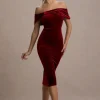 Snowflake | Berry Velvet Bardot Bow Detail Midi Dress