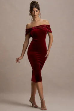 Snowflake | Berry Velvet Bardot Bow Detail Midi Dress