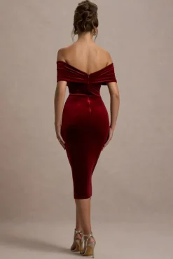 Snowflake | Berry Velvet Bardot Bow Detail Midi Dress