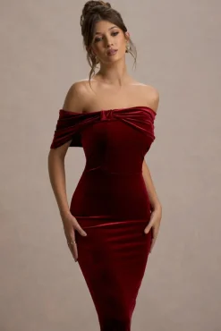 Snowflake | Berry Velvet Bardot Bow Detail Midi Dress