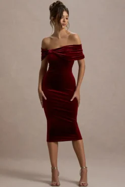 Snowflake | Berry Velvet Bardot Bow Detail Midi Dress