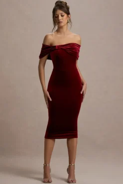 Snowflake | Berry Velvet Bardot Bow Detail Midi Dress