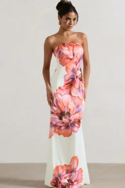 Sofiane | Cream u0026 Pink Floral Print Bandeau Maxi Dress