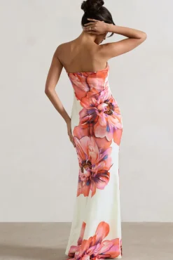 Sofiane | Cream u0026 Pink Floral Print Bandeau Maxi Dress