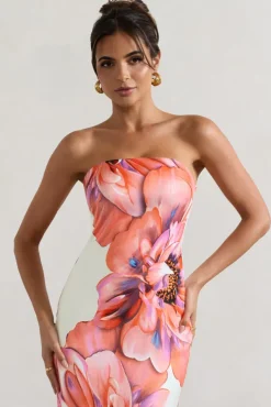 Sofiane | Cream u0026 Pink Floral Print Bandeau Maxi Dress