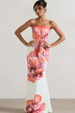 Sofiane | Cream u0026 Pink Floral Print Bandeau Maxi Dress