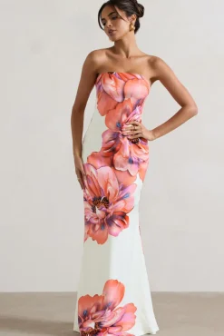 Sofiane | Cream u0026 Pink Floral Print Bandeau Maxi Dress