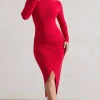 Soha | Red High-Neck Wrap Midi Dress