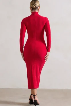 Soha | Red High-Neck Wrap Midi Dress