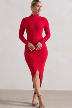 Soha | Red High-Neck Wrap Midi Dress