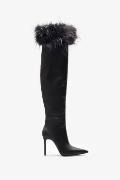 Soho | Black Satin Pointed Heeled Boots With Feather Trims