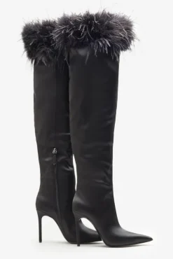 Soho | Black Satin Pointed Heeled Boots With Feather Trims