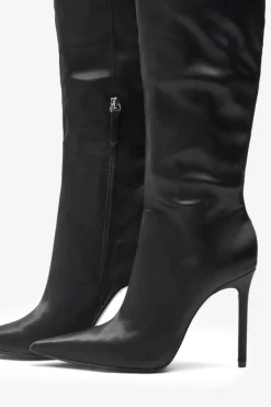 Soho | Black Satin Pointed Heeled Boots With Feather Trims