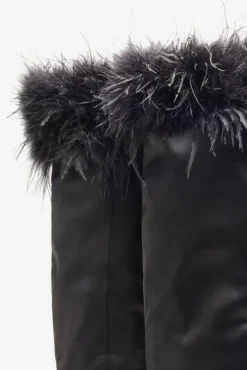 Soho | Black Satin Pointed Heeled Boots With Feather Trims