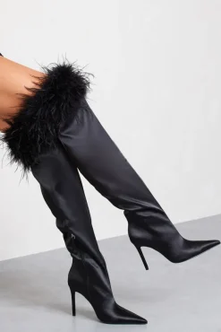 Soho | Black Satin Pointed Heeled Boots With Feather Trims