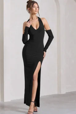 Solana | Black Halter-Neck Long-Sleeve Split Maxi Dress