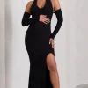 Solana | Black Halter-Neck Long-Sleeve Split Maternity Maxi Dress