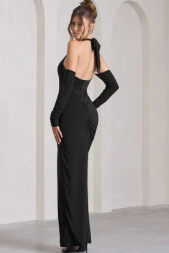 Solana | Black Halter-Neck Long-Sleeve Split Maxi Dress