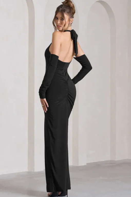 Solana | Black Halter-Neck Long-Sleeve Split Maxi Dress