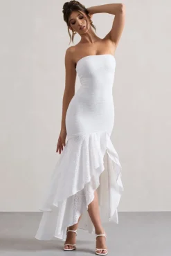 Solange | White Broderie Bandeau High-Low Maxi Dress