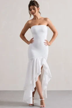 Solange | White Broderie Bandeau High-Low Maxi Dress