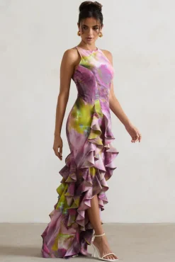 Sommer | Lilac Print Racer-Neck Ruffle Maxi Dress