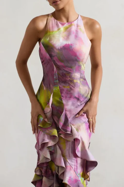 Sommer | Lilac Print Racer-Neck Ruffle Maxi Dress