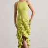 Sommer | Lime Green Racer-Neck Ruffle Maxi Dress