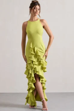 Sommer | Lime Green Racer-Neck Ruffle Maxi Dress