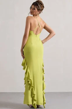 Sommer | Lime Green Racer-Neck Ruffle Maxi Dress
