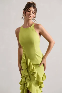 Sommer | Lime Green Racer-Neck Ruffle Maxi Dress