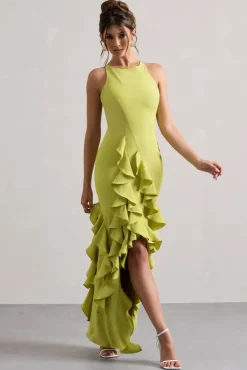 Sommer | Lime Green Racer-Neck Ruffle Maxi Dress