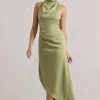 Sophina | Light Olive Satin Cowl-Neck Asymmetric Midi Dress