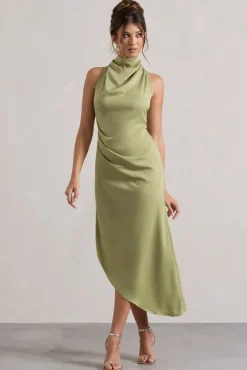 Sophina | Light Olive Satin Cowl-Neck Asymmetric Midi Dress