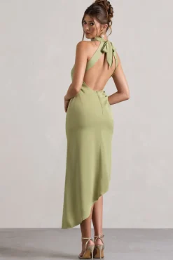 Sophina | Light Olive Satin Cowl-Neck Asymmetric Midi Dress