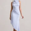 Sophina | Sky Blue Satin Cowl-Neck Asymmetric Midi Dress