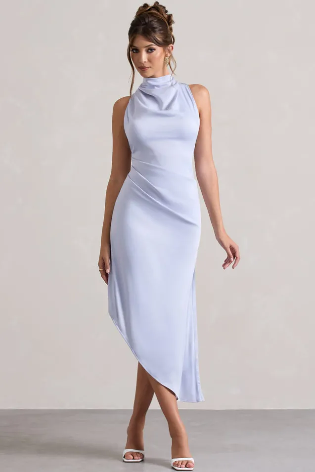 Sophina | Sky Blue Satin Cowl-Neck Asymmetric Midi Dress