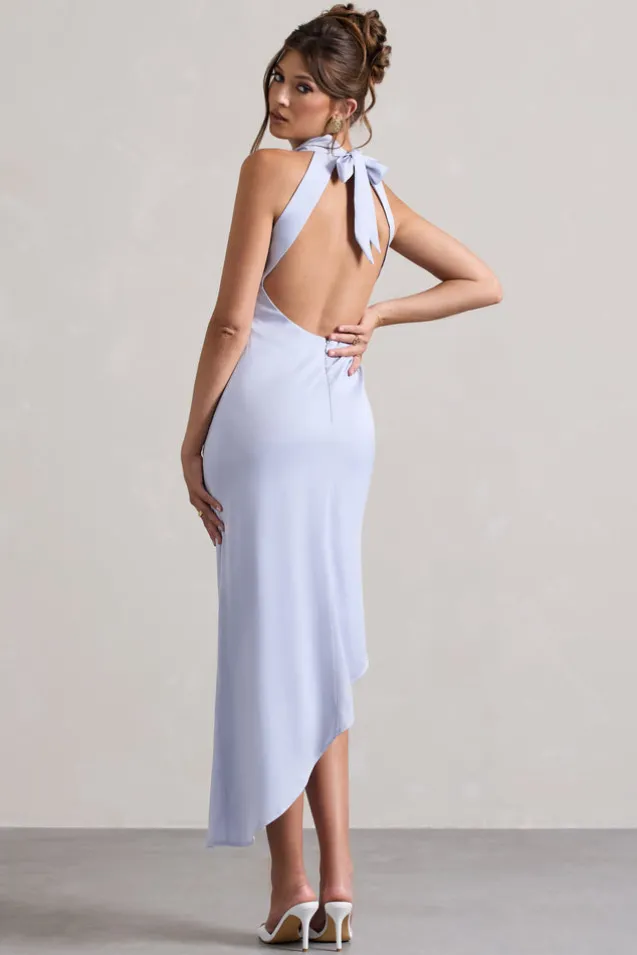 Sophina | Sky Blue Satin Cowl-Neck Asymmetric Midi Dress