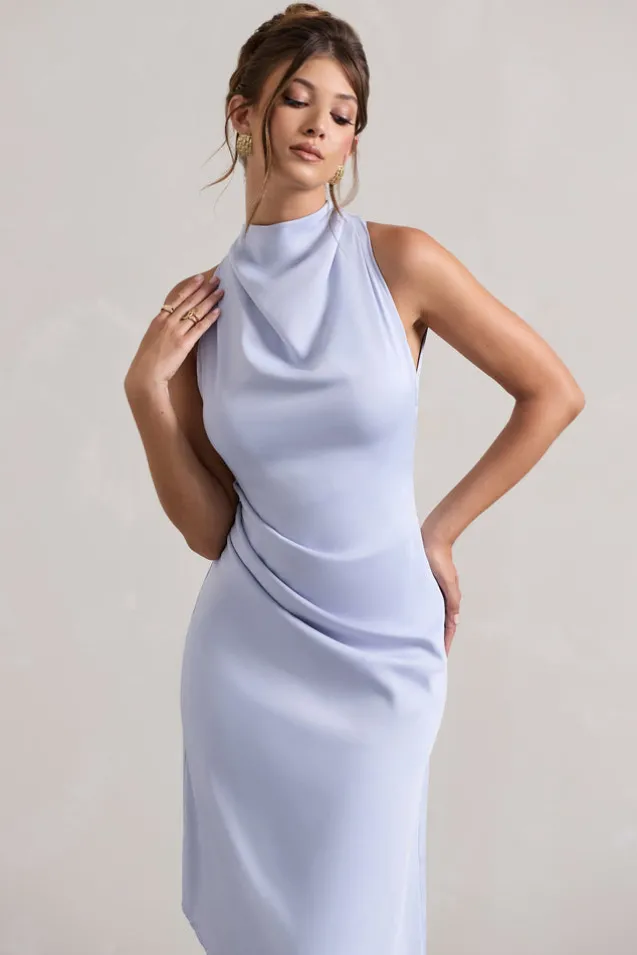 Sophina | Sky Blue Satin Cowl-Neck Asymmetric Midi Dress