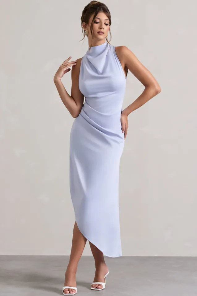 Sophina | Sky Blue Satin Cowl-Neck Asymmetric Midi Dress