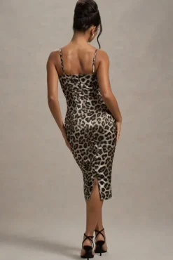 Soprano | Leopard Print Satin Sweetheart Lace Trim Midi Dress